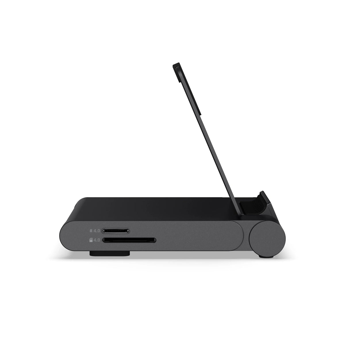 Czarny stojak do telefonu z portami USB i SD, idealny do home office i desk setupu