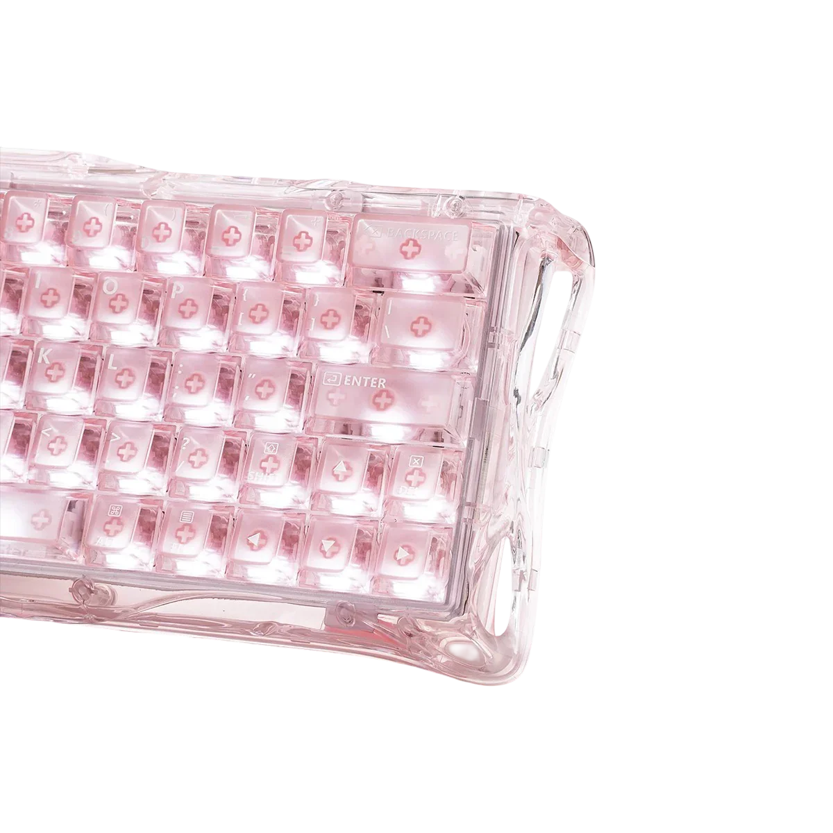 Różowa klawiatura mechaniczna z przezroczystym obudowaniem i podświetleniem RGB, idealna do home office