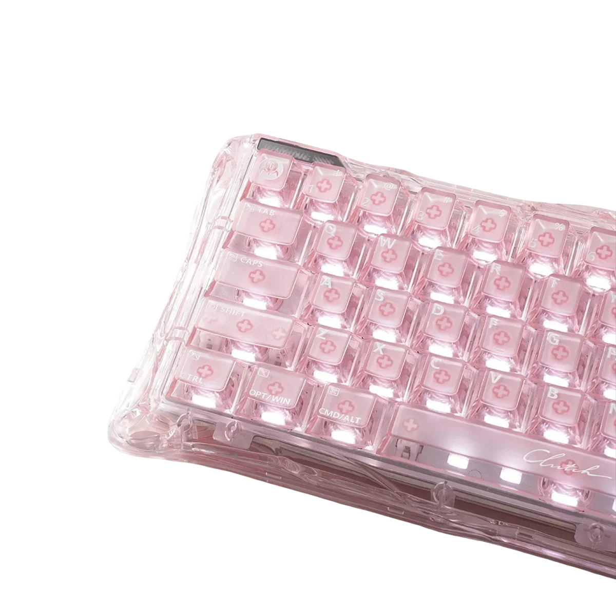 Różowa klawiatura mechaniczna z przezroczystym obudowaniem i podświetleniem RGB, idealna do home office
