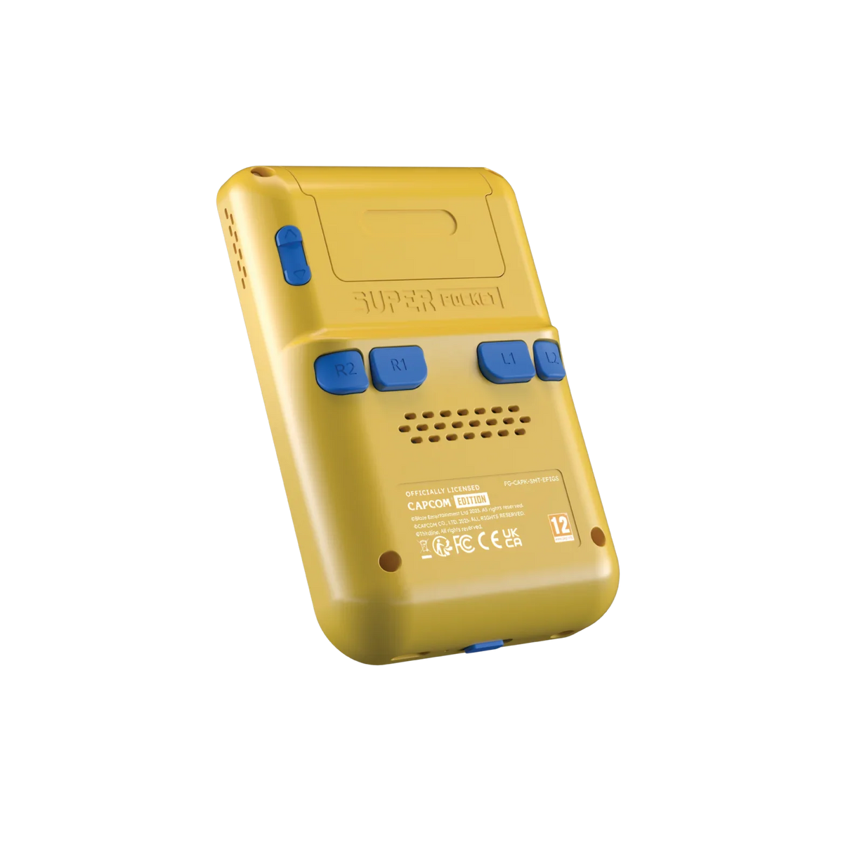 Żółty Super Pocket Capcom Edition z niebieskimi przyciskami R1, R2, L1, L2 i głośnikiem