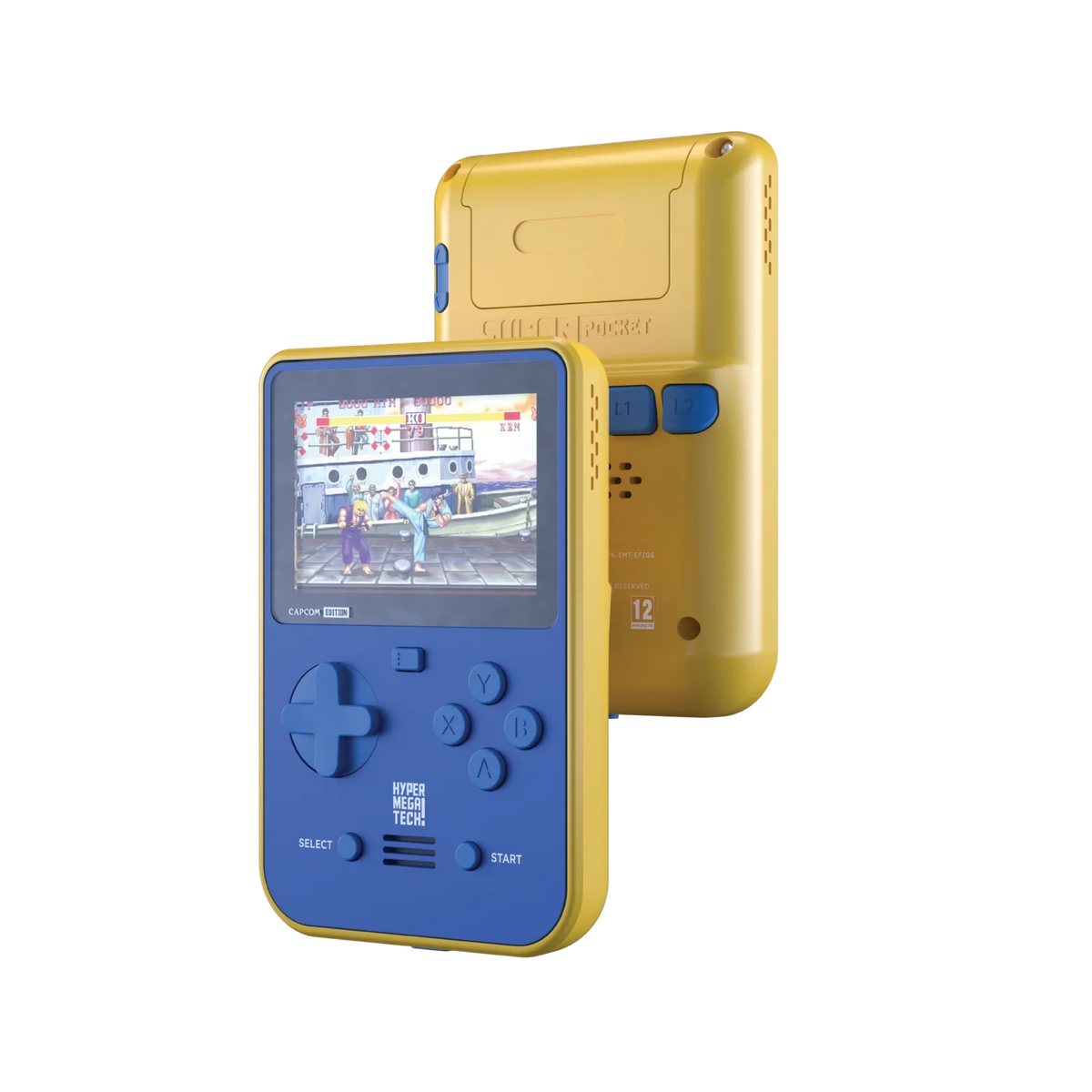 Żółto-niebieska konsola przenośna Hyper Mega Tech z grą Capcom na ekranie, idealna do gier retro.