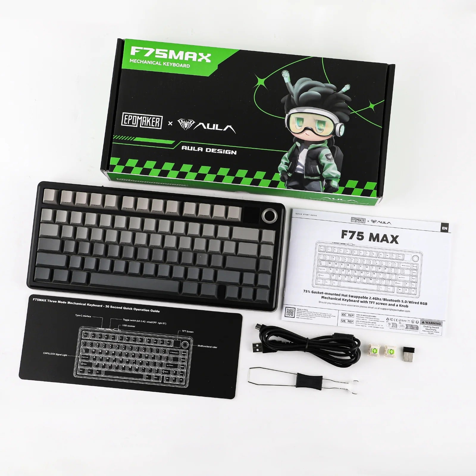 AULA - F75 MAX - Gasket-Mounted Hot-Swappable Tri-Mode Mechanical Keyboard with TFT Screen - Gradient Grey Side-Engraved