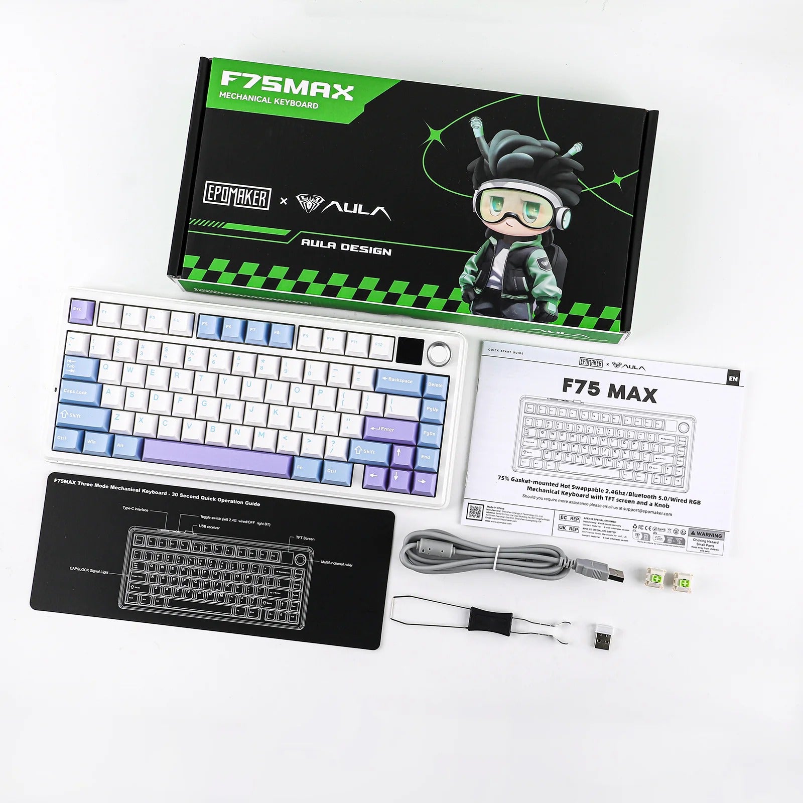 AULA - F75 MAX - Gasket-Mounted Hot-Swappable Tri-Mode Mechanical Keyboard with TFT Screen - White + Blue