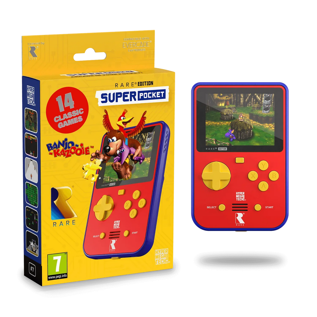 Czerwona konsola Super Pocket Rare Edition z 14 klasycznymi grami, w tym Banjo-Kazooie, idealna dla fanów retro gamingu