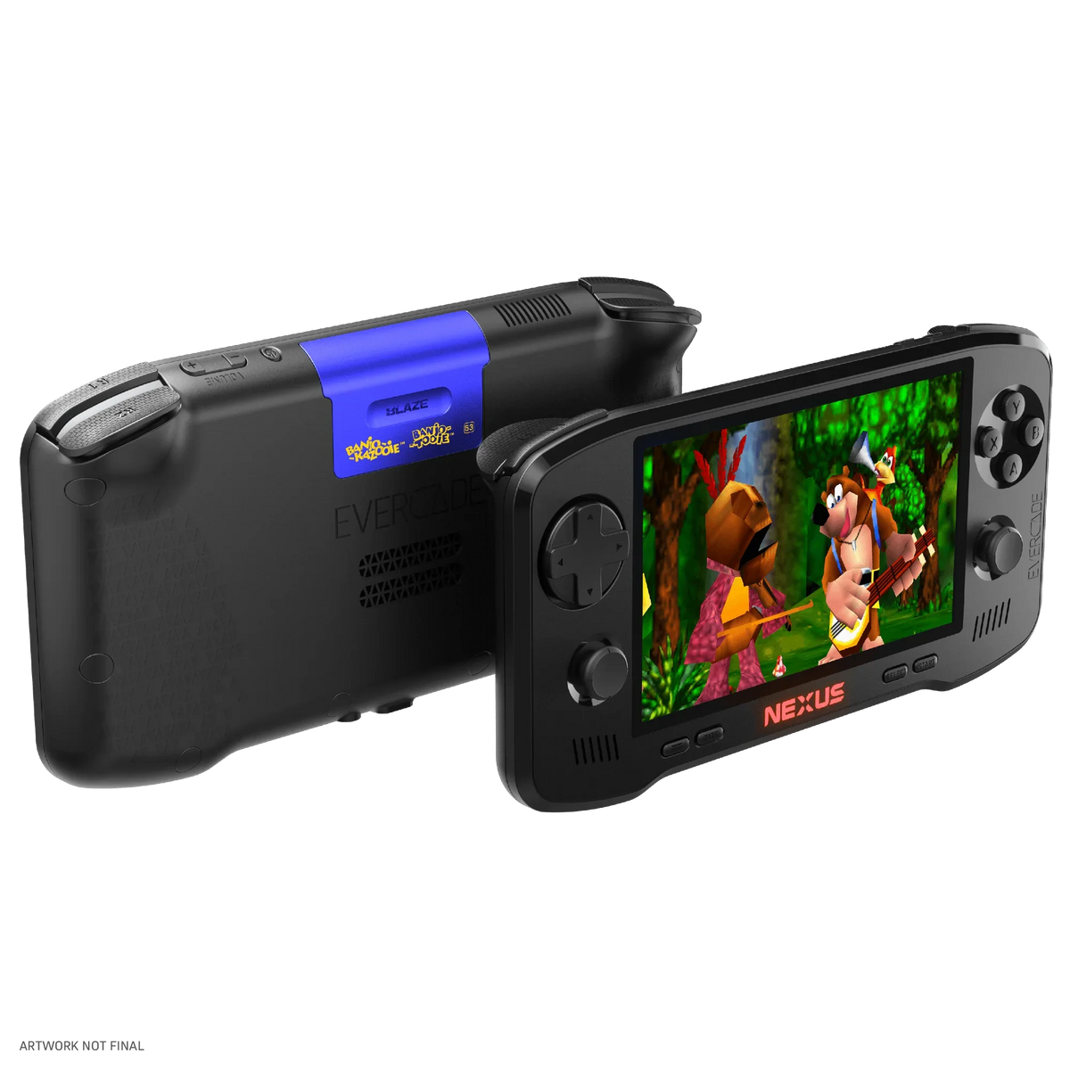 Czarna konsola przenośna Evercade Nexus z grą Banjo-Kazooie na ekranie, idealna dla graczy