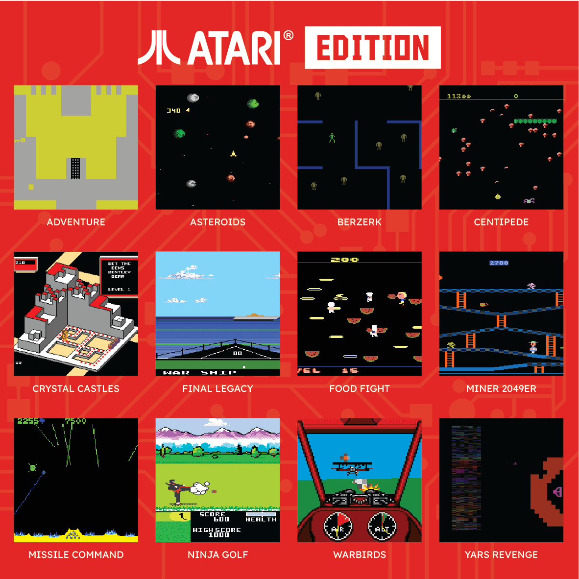 Kolekcja klasycznych gier Atari Edition: Adventure, Asteroids, Berzerk, Centipede i inne na czerwonym tle