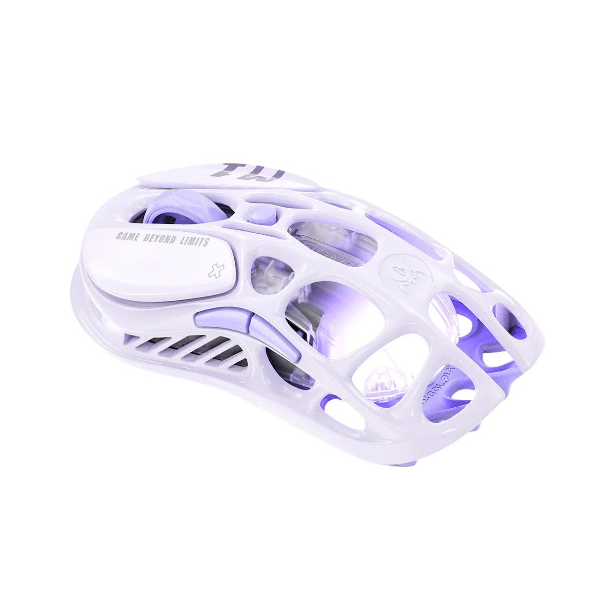 Biała mysz gamingowa z fioletowym podświetleniem RGB, ergonomiczna, idealna do gier i pracy w home office