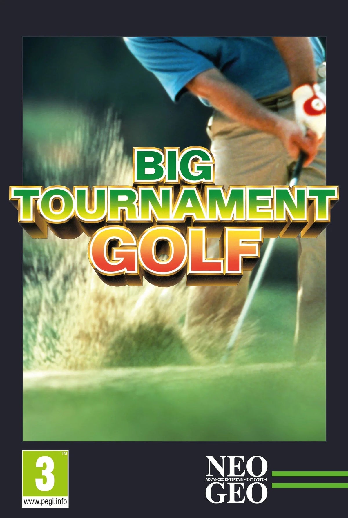 Okładka gry Big Tournament Golf na Neo Geo, golfista w akcji, ocena PEGI 3
