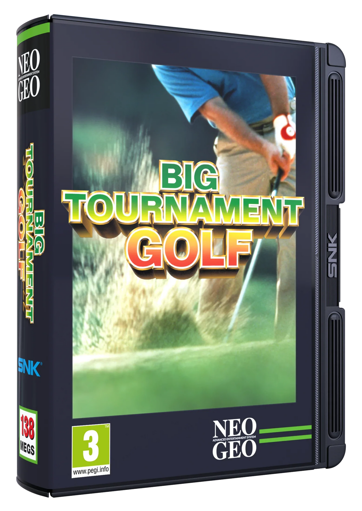 Pudełko gry Big Tournament Golf dla NEO GEO, klasyczna gra golfowa z logo SNK i oznaczeniem PEGI 3