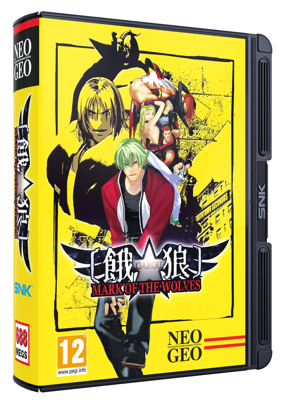 Pudełko gry Garou: Mark of the Wolves na Neo Geo, żółte z postaciami, logo SNK i oceną PEGI 12