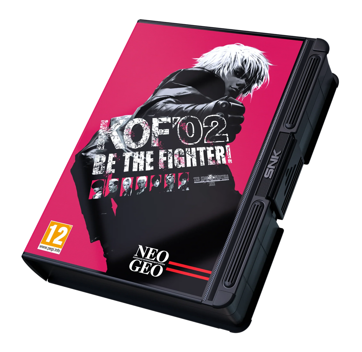 KOF '02 Be The Fighter! – gra Neo Geo w czarnym pudełku z grafiką bohatera na różowym tle