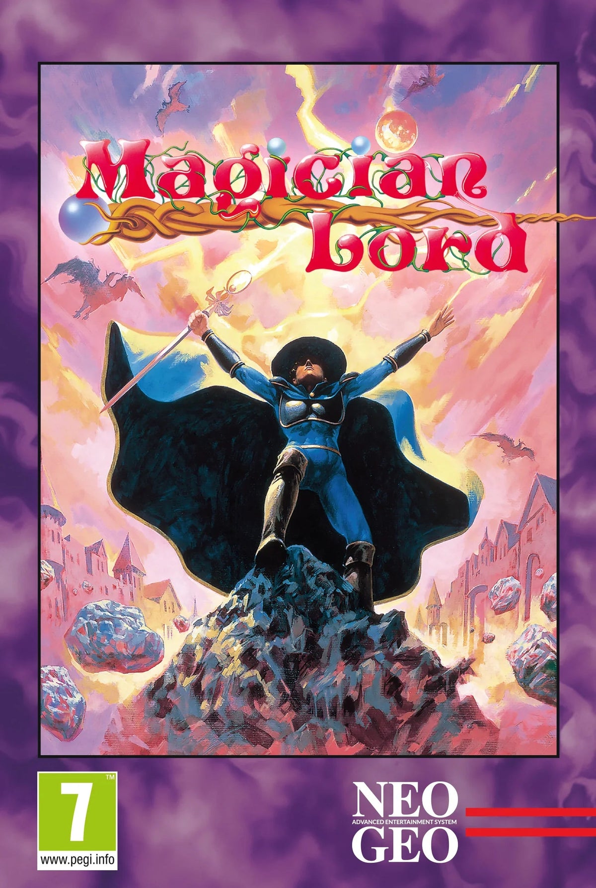 Magician Lord - klasyczna gra Neo Geo z magiem na szczycie góry, otoczonym magicznym światłem i miastem