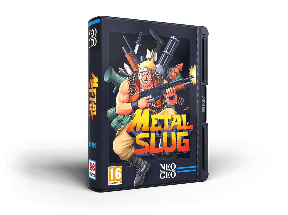 Pudełko gry Metal Slug na Neo Geo, klasyczna strzelanka z bohaterem w akcji, 16+ PEGI