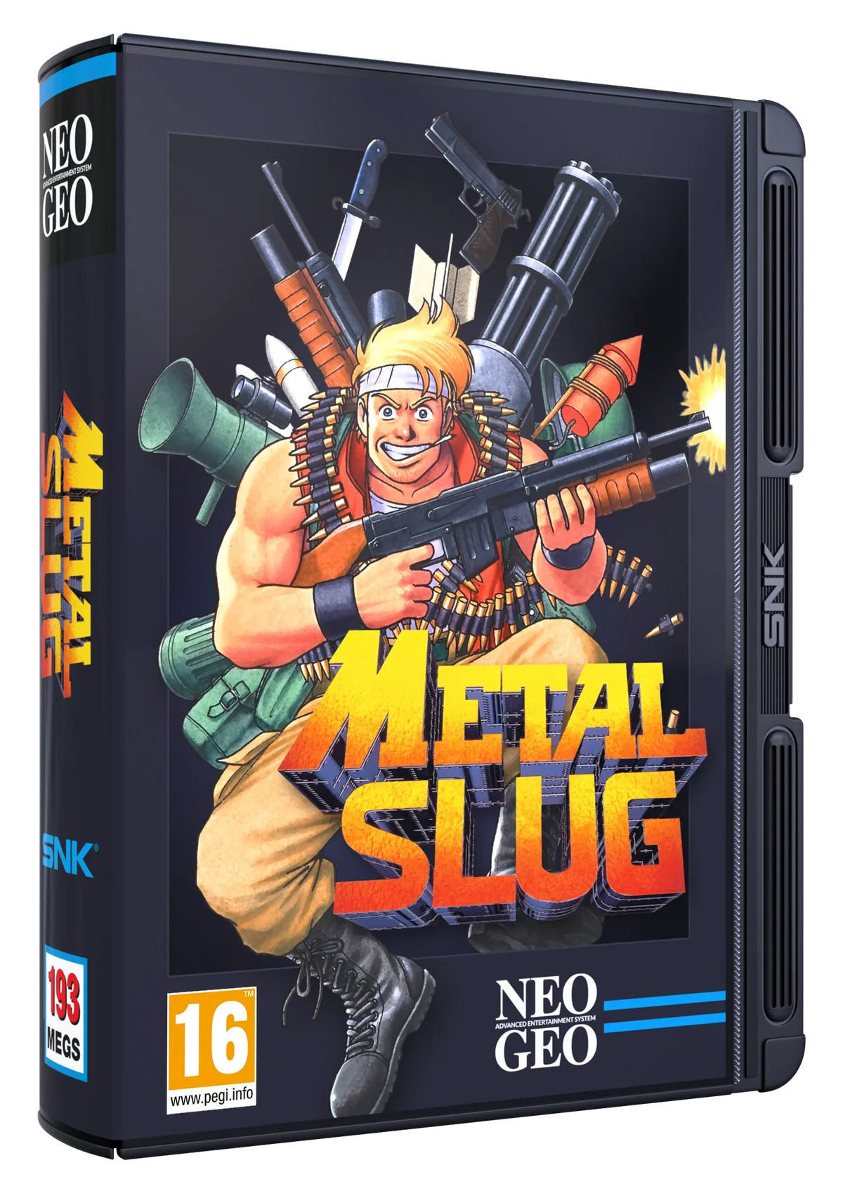 Metal Slug Neo Geo gra w pudełku z bohaterem i bronią