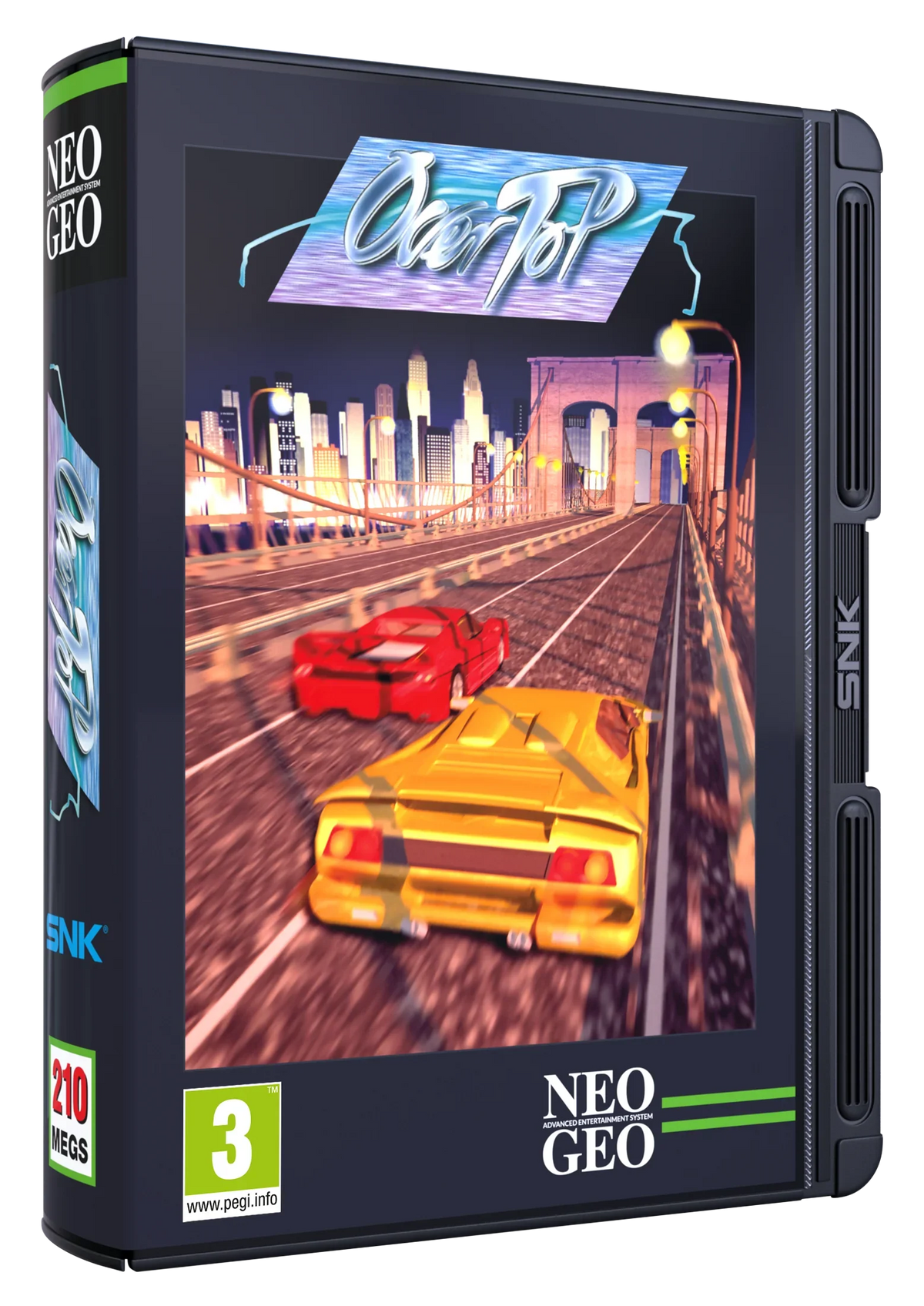 Pudełko gry OverTop na Neo Geo, wyścigówka z czerwonym i żółtym autem na moście nocnym, 210 MB, PEGI 3
