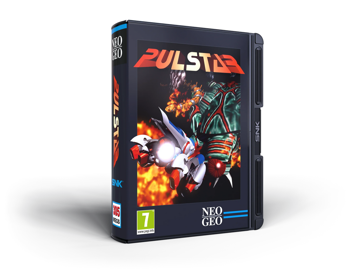 Pudełko gry Pulstar dla Neo Geo, klasyczna gra akcji z robotami i eksplozjami, 305 MB, ocena PEGI 7