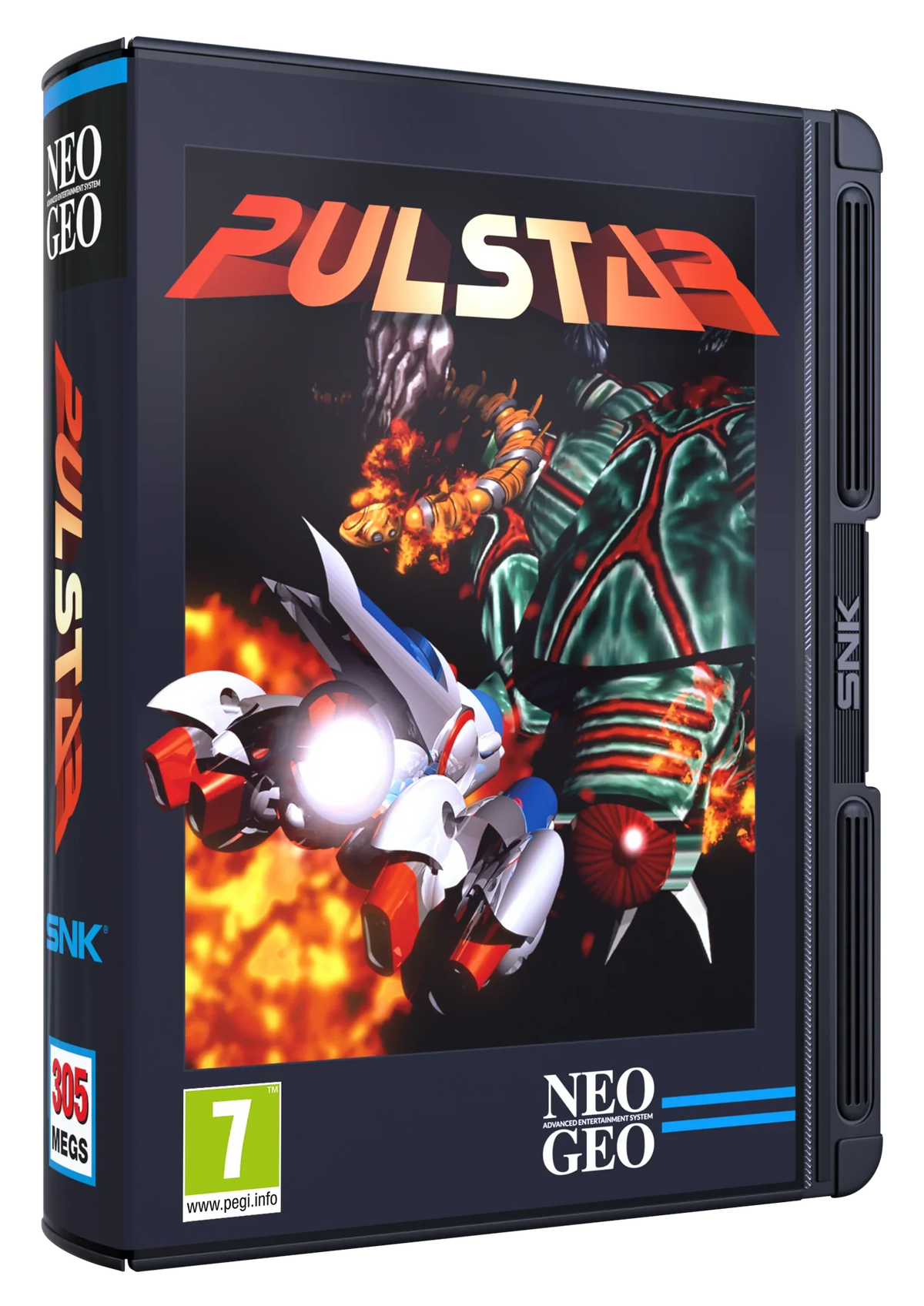 Pudełko gry Pulstar dla NEO GEO, klasyczna gra akcji z robotami i eksplozjami, 305 MB, PEGI 7