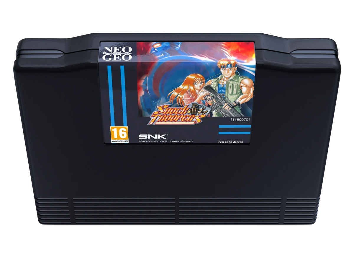 Kaseta gry Neo Geo Shock Troopers, klasyczna gra akcji SNK dla konsoli arcade, wiek 16+