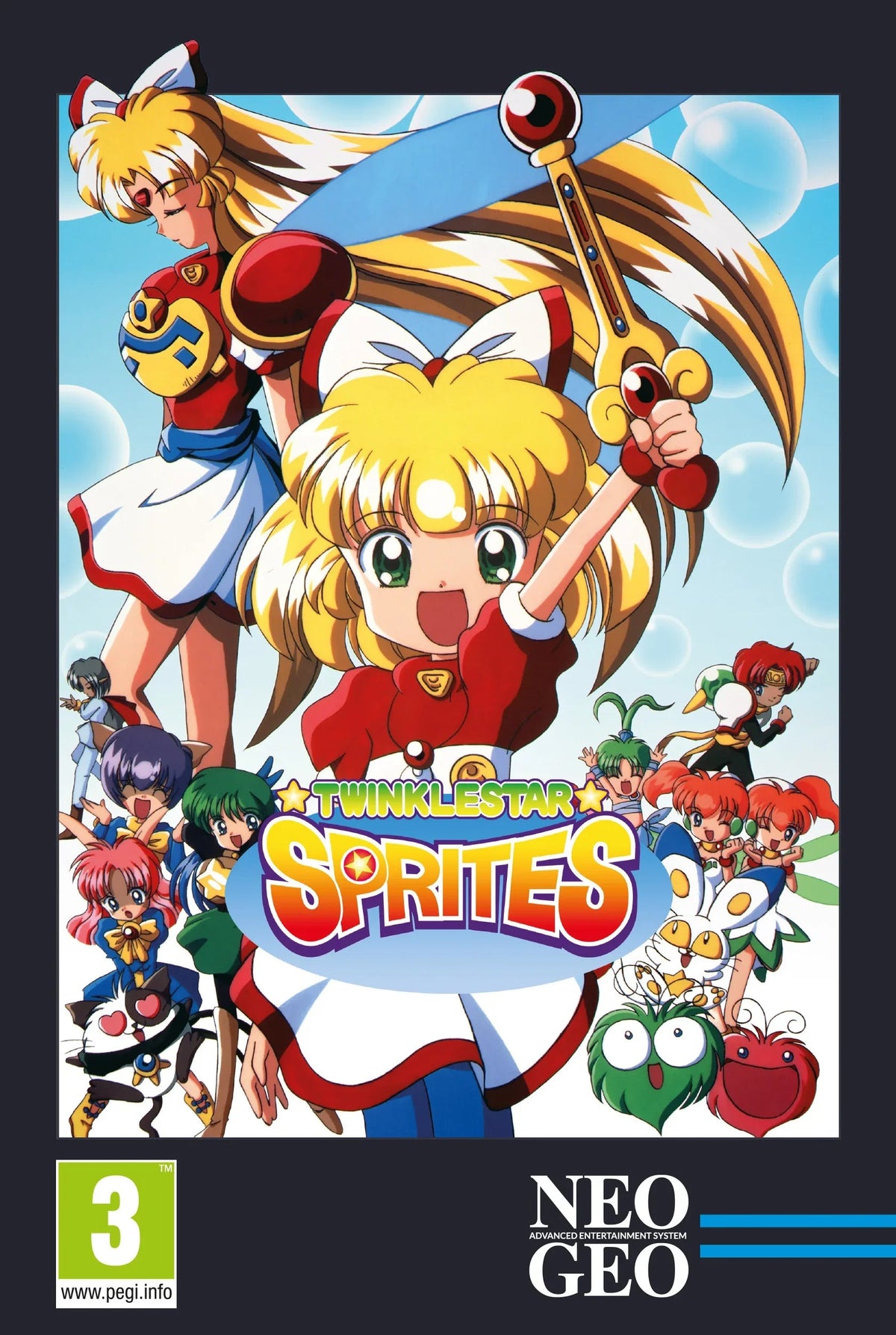 Okładka gry Twinkle Star Sprites na NEO GEO z kolorowymi postaciami anime i logo PEGI 3