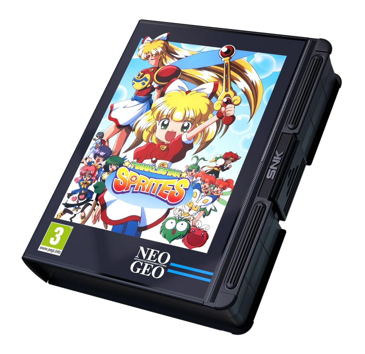 Kartka gry Neo Geo Twinkle Star Sprites z kolorowymi postaciami anime i logo SNK