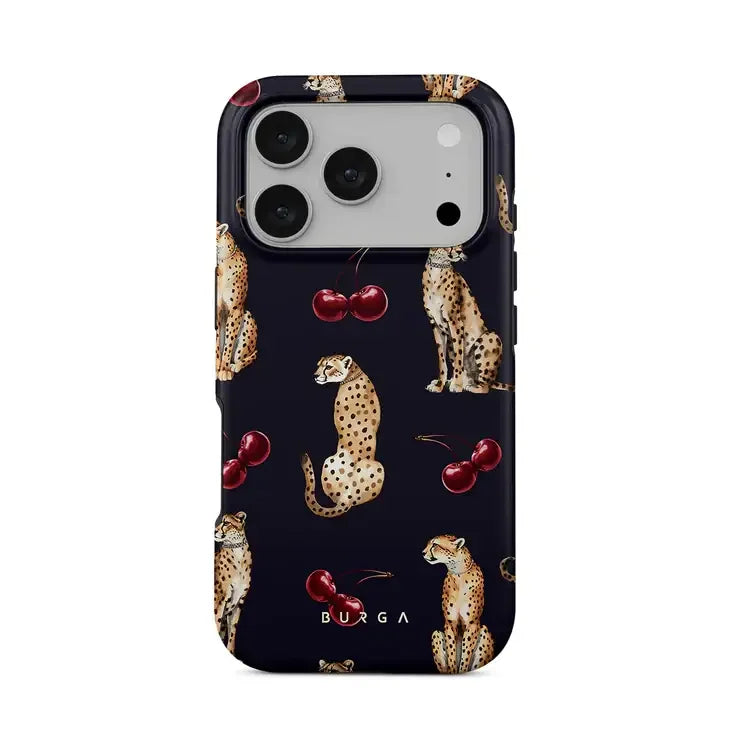 Elegancki etui na telefon z wzorem gepardów i wiśni, idealne do stylowego desk setupu