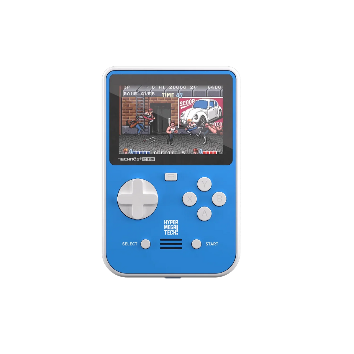 Niebieska konsola retro z grą Technos Edition, idealna do rozrywki w domu