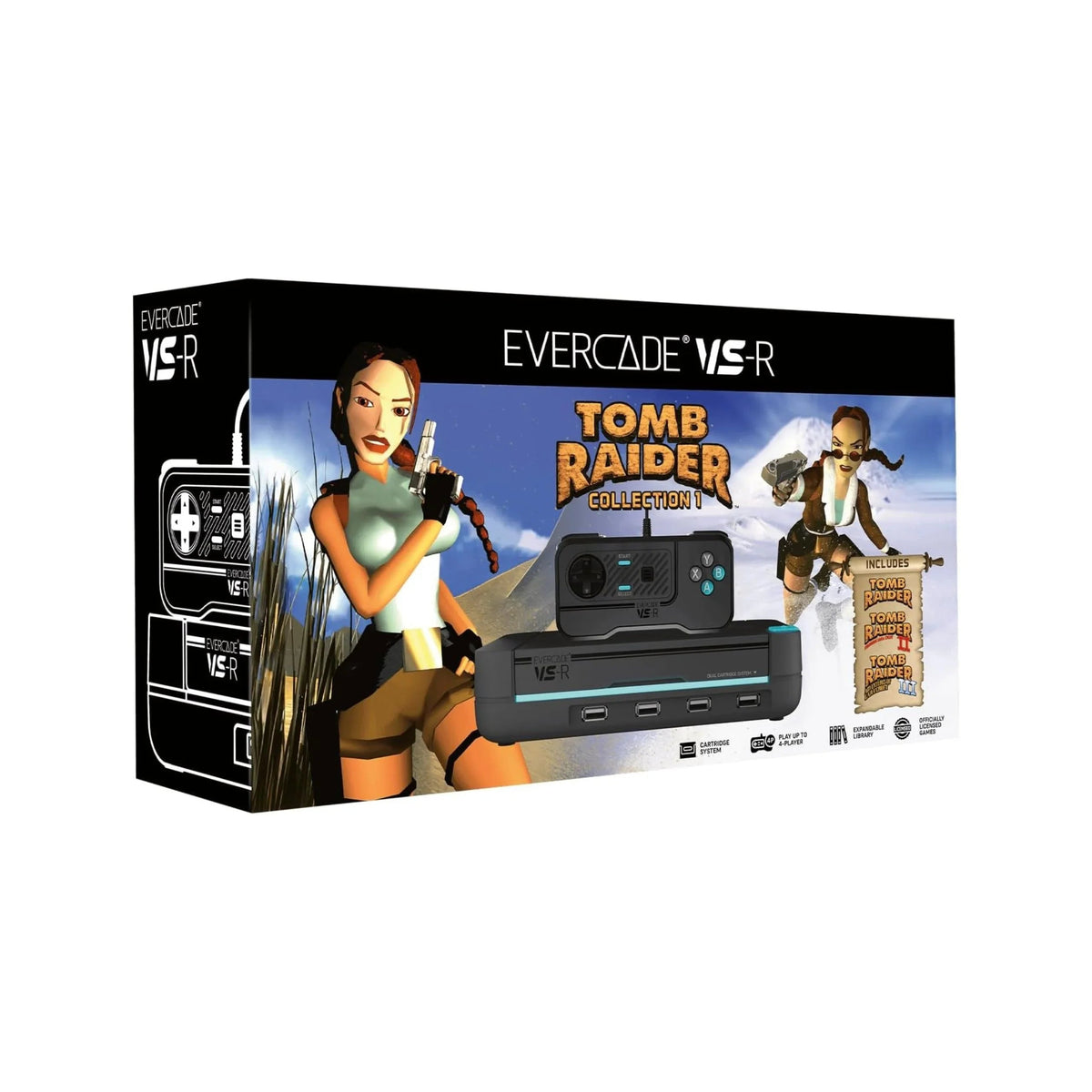 Konsola Evercade VS-R z kolekcją Tomb Raider, idealna dla fanów retro gier i multi-playera