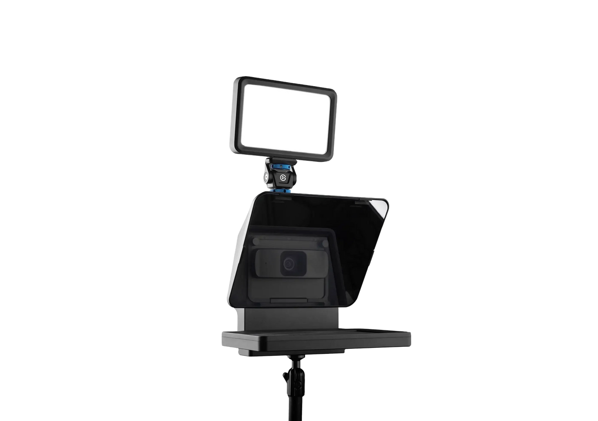Czarny stojak z kamerą i lampką LED do biurka, idealny do Home Office i streamingu