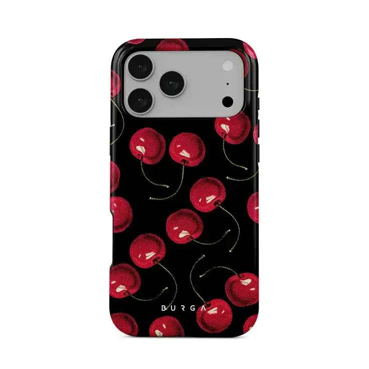 Czarny etui na telefon z czerwonymi wiśniami, idealne do stylowego desk setupu i home office