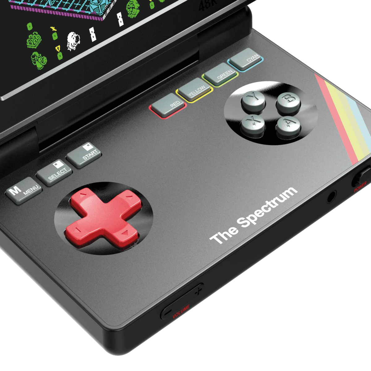 The Spectrum – konsola retro z kolorowymi przyciskami i czerwonym D-pad, idealna do gier retro