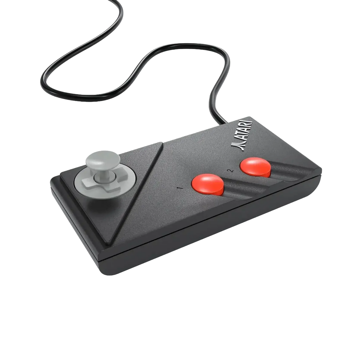 Czarny joystick Atari z czerwonymi przyciskami i szarym dżojstikiem, idealny do retro gier.