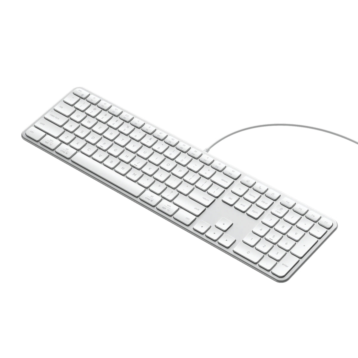 Biała klawiatura z przewodem, idealna do home office i desk setupu, zwiększająca komfort pracy.
