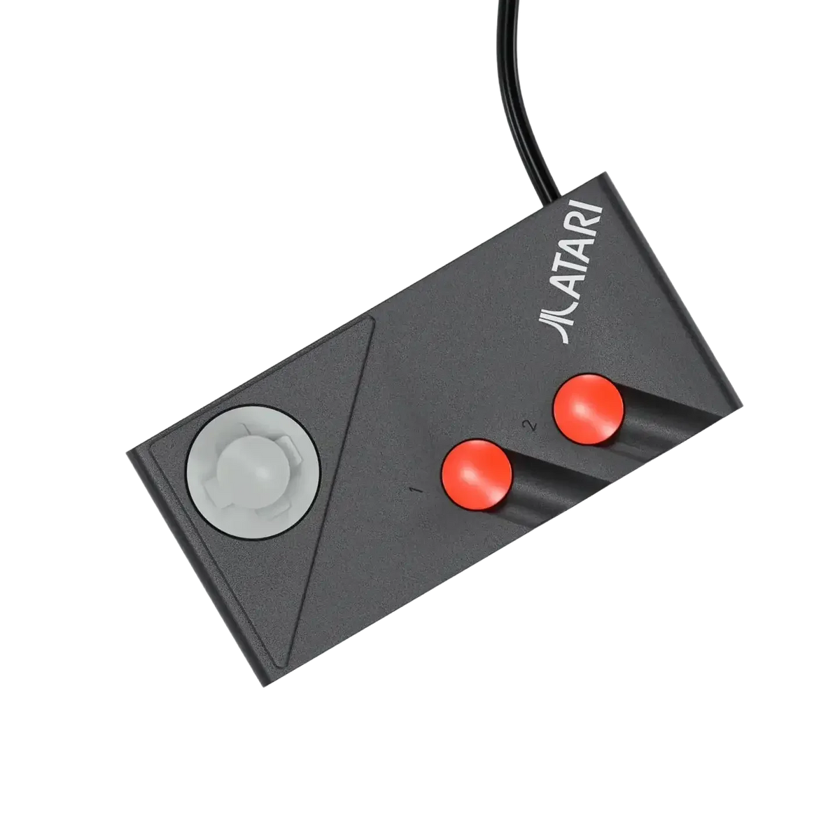 Czarny joystick Atari z czerwonymi przyciskami i szarym kółkiem, idealny do retro gier