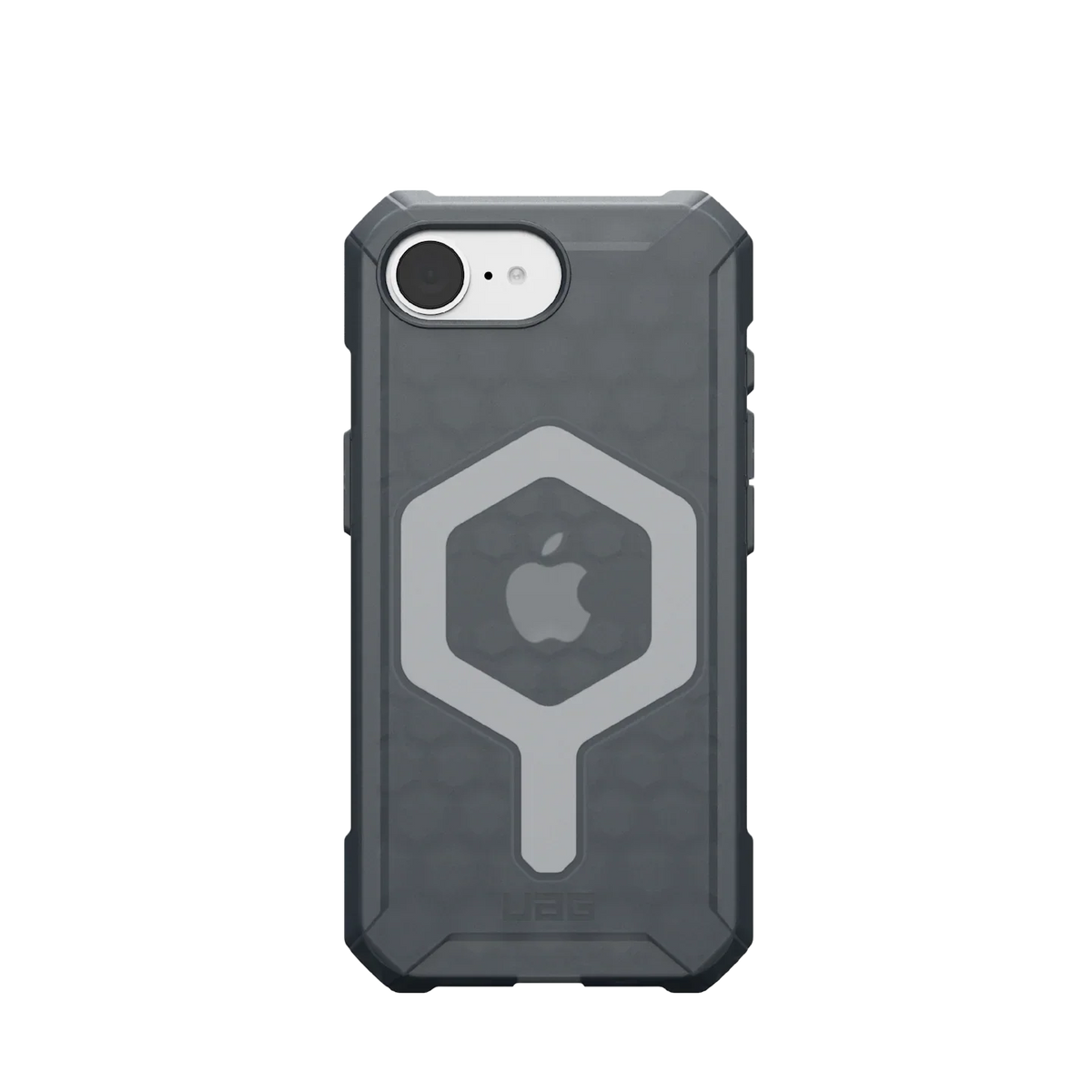 Szary etui UAG na iPhone z geometrycznym wzorem i ochroną krawędzi