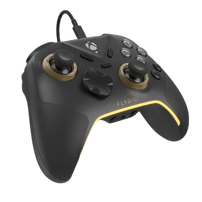 Czarny gamepad z żółtymi akcentami i przyciskami Xbox, idealny dla graczy