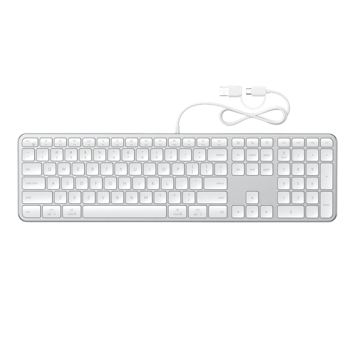 Srebrna klawiatura mechaniczna z białymi klawiszami i kablem USB-C, idealna do home office i desk setupu