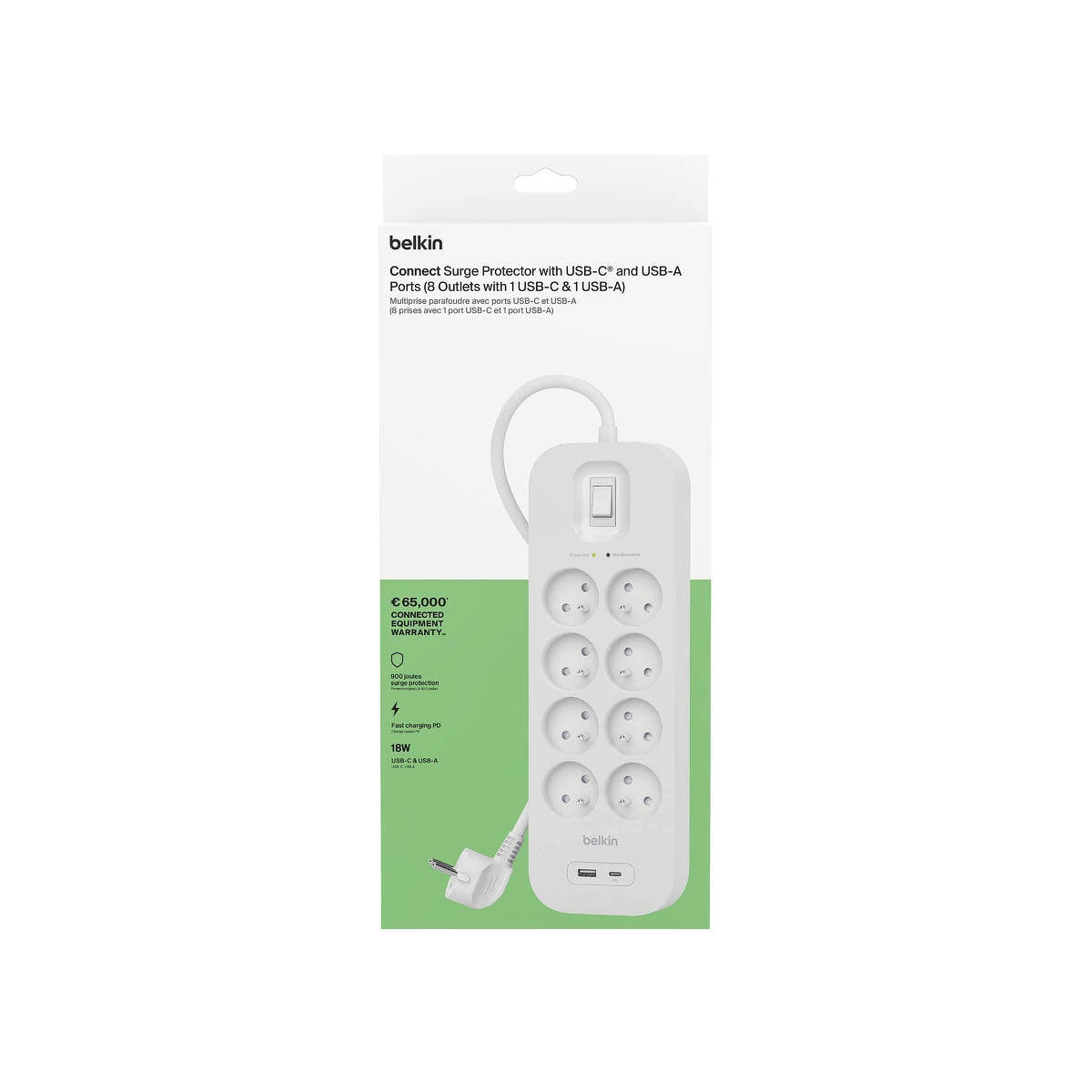 Belkin - Power Strip, 8-sockets + 1xUSB-A 1xUSB-C 900J, 2m