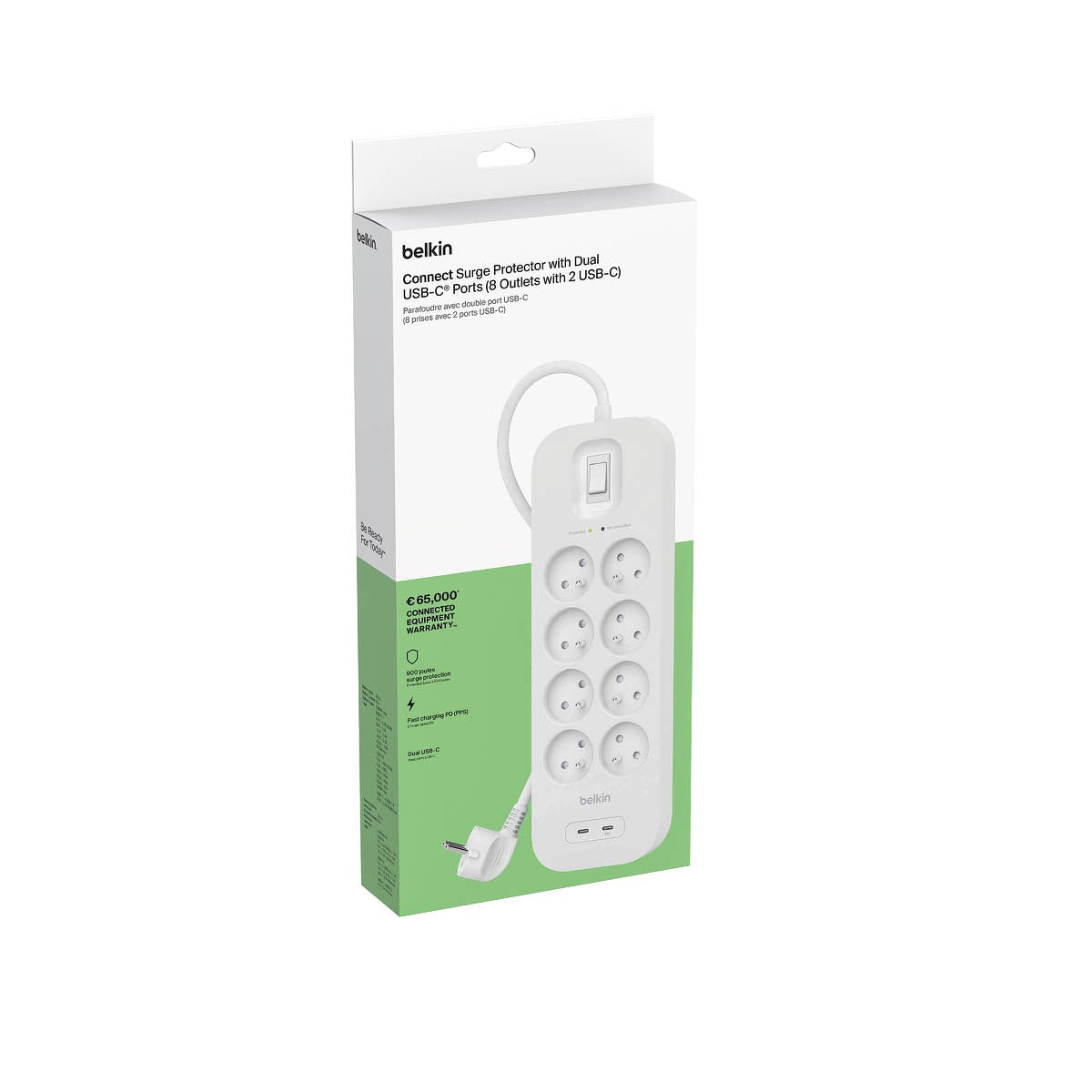 Belkin - Power Strip, 8-sockets + 2xUSB-C 900J, 2m