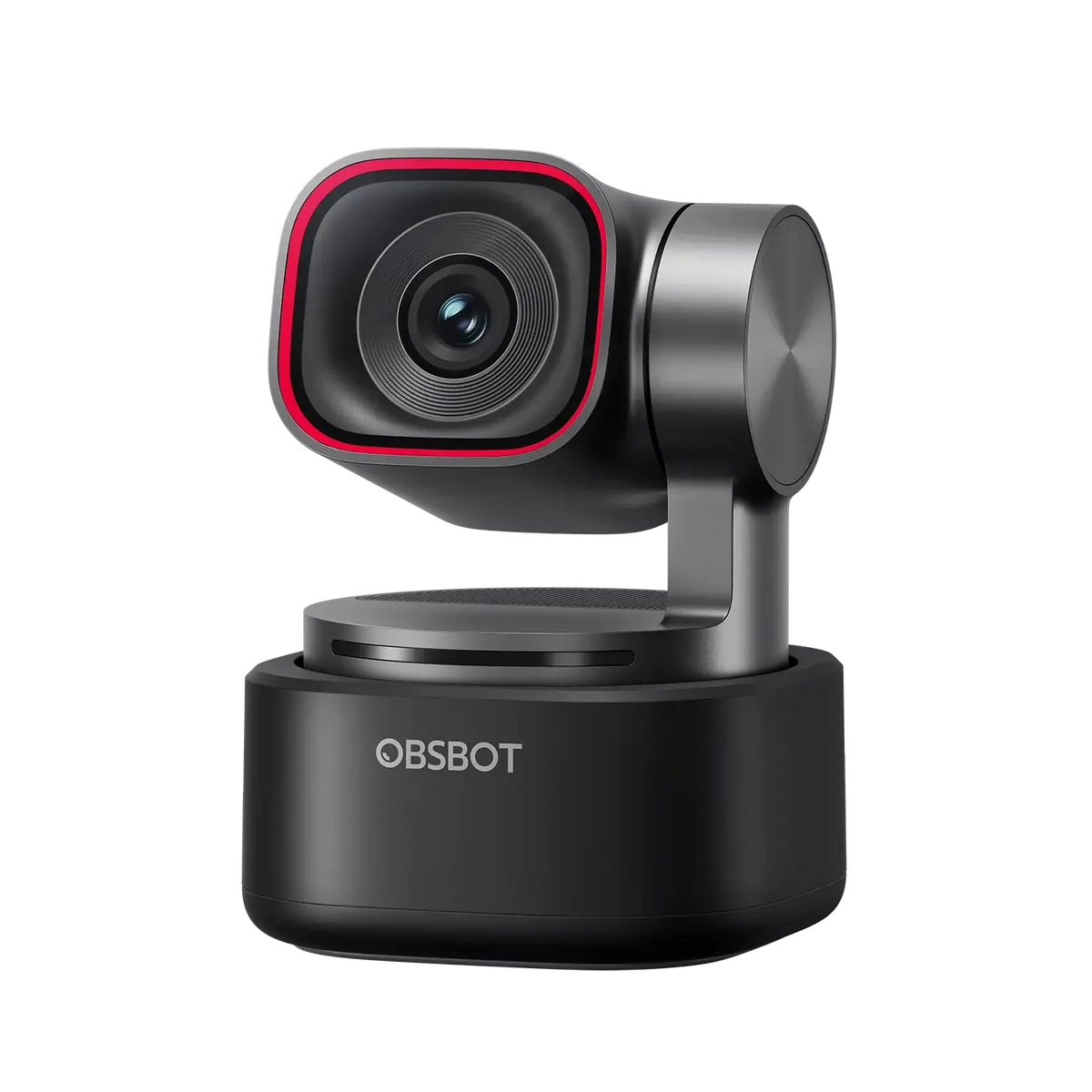 Czarna kamera OBSBOT z czerwonym obramowaniem obiektywu, idealna do Home Office i streamingu