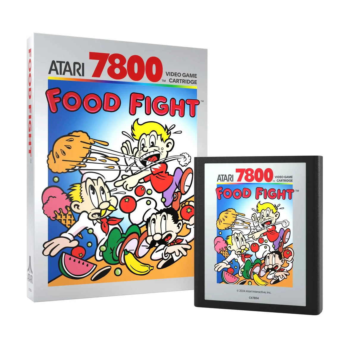 Kaseta gry Atari 7800 Food Fight z pudełkiem, klasyczna gra wideo z kolorowymi postaciami i jedzeniem
