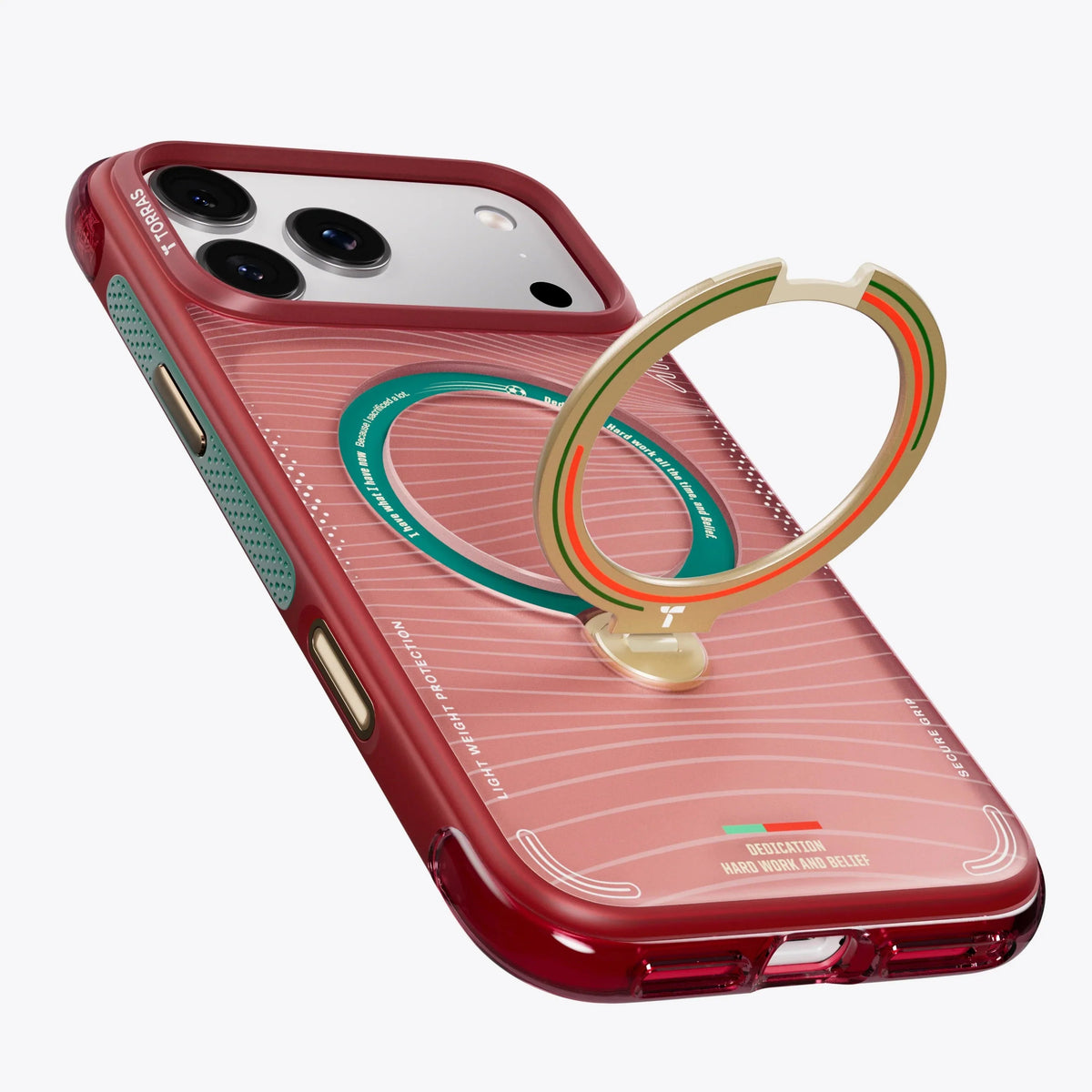 Czerwony etui na telefon z uchwytem pierścieniowym, idealne do Home Office i biurka, z napisem Dedication