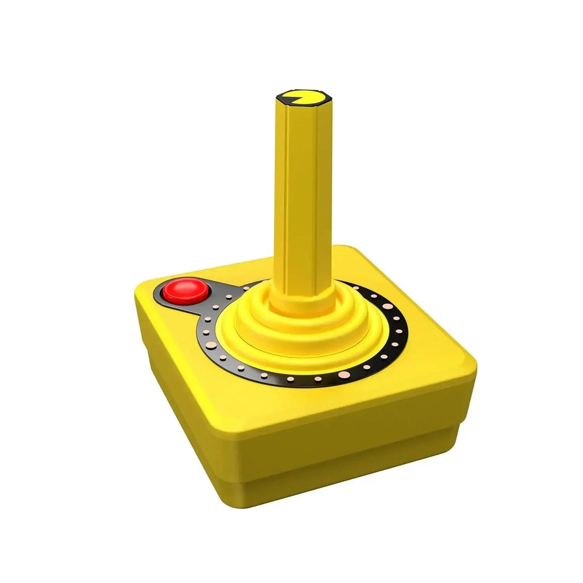 Żółty joystick z czerwonym przyciskiem, akcesorium do desk setupu i gier retro
