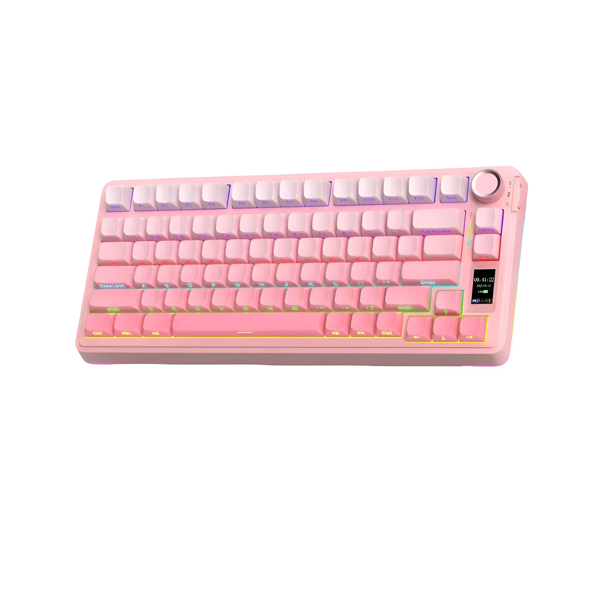 Różowa klawiatura mechaniczna z RGB, ekranem i przyciskiem, idealna do home office i personalizacji desk setupu