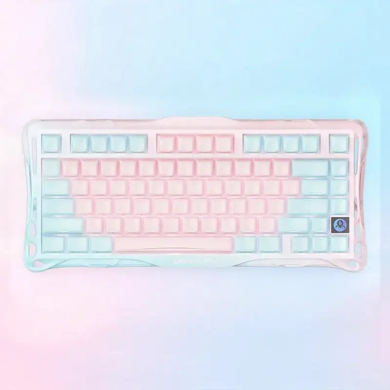 Mechaniczna klawiatura w pastelowych odcieniach różu i turkusu, idealna do home office i personalizacji
