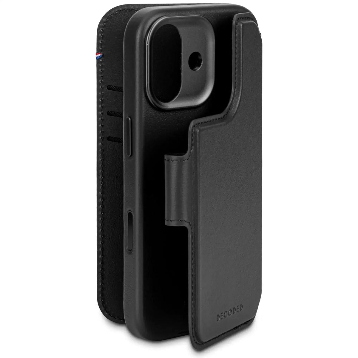 Czarny etui skórzane na telefon z kieszenią i kamerą