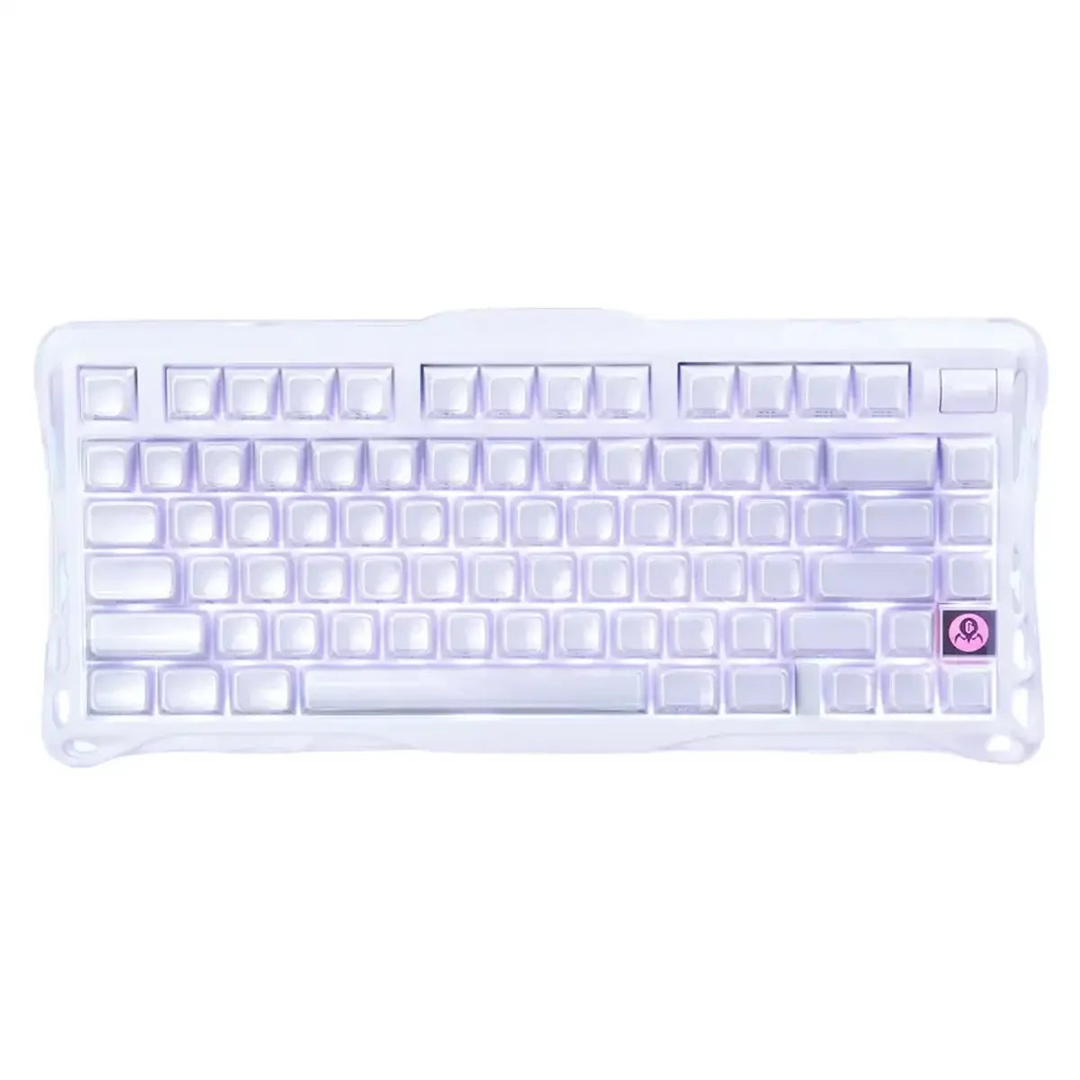 Biała klawiatura mechaniczna z fioletowym podświetleniem, idealna do home office i personalizacji