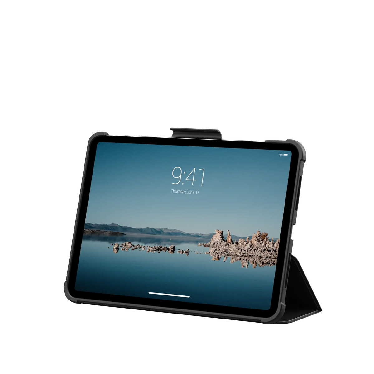 Czarny stojak na tablet z podstawą, idealny do home office i biurka, zwiększający komfort pracy