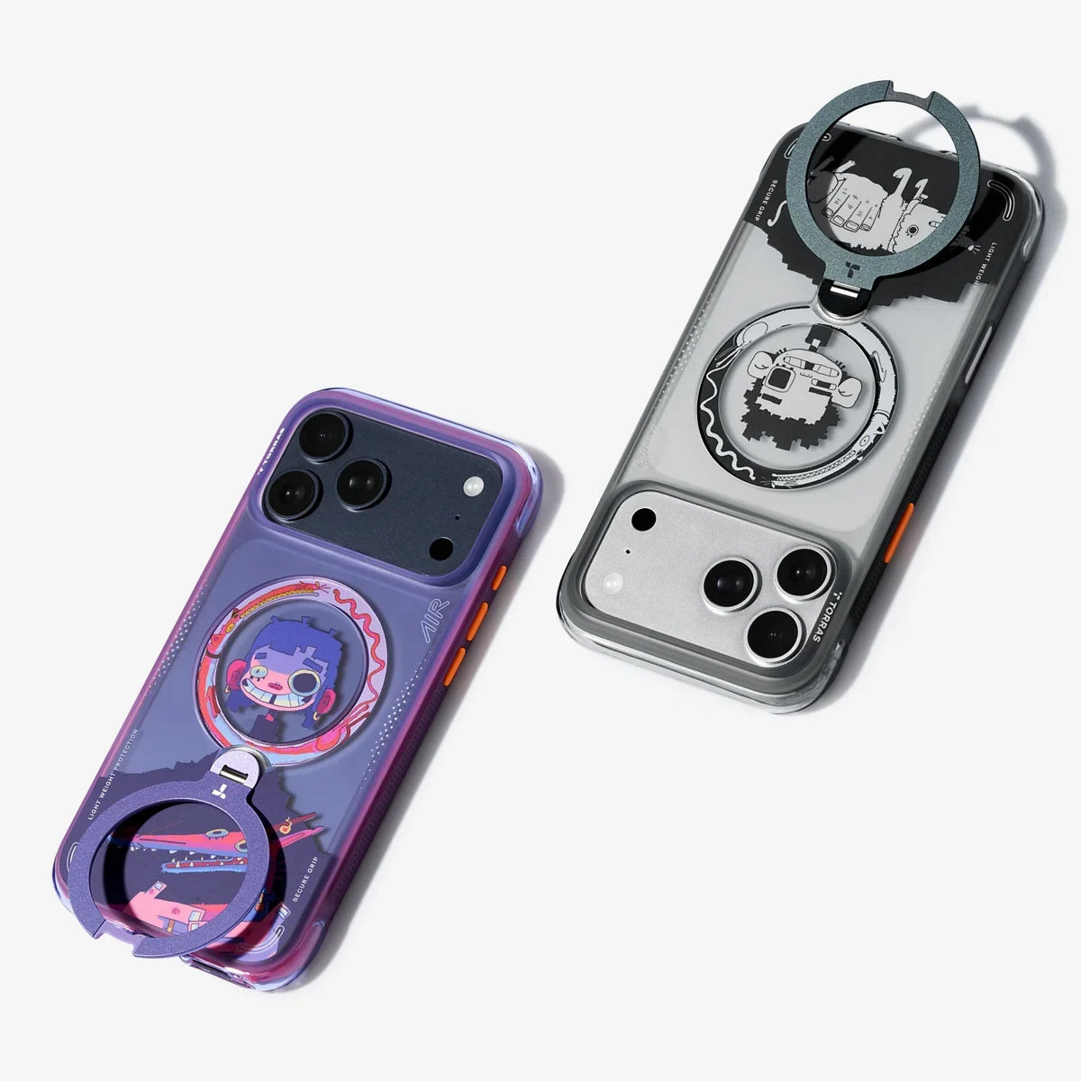 Kolorowe etui na telefon z uchwytem i motywem graficznym, idealne do Home Office