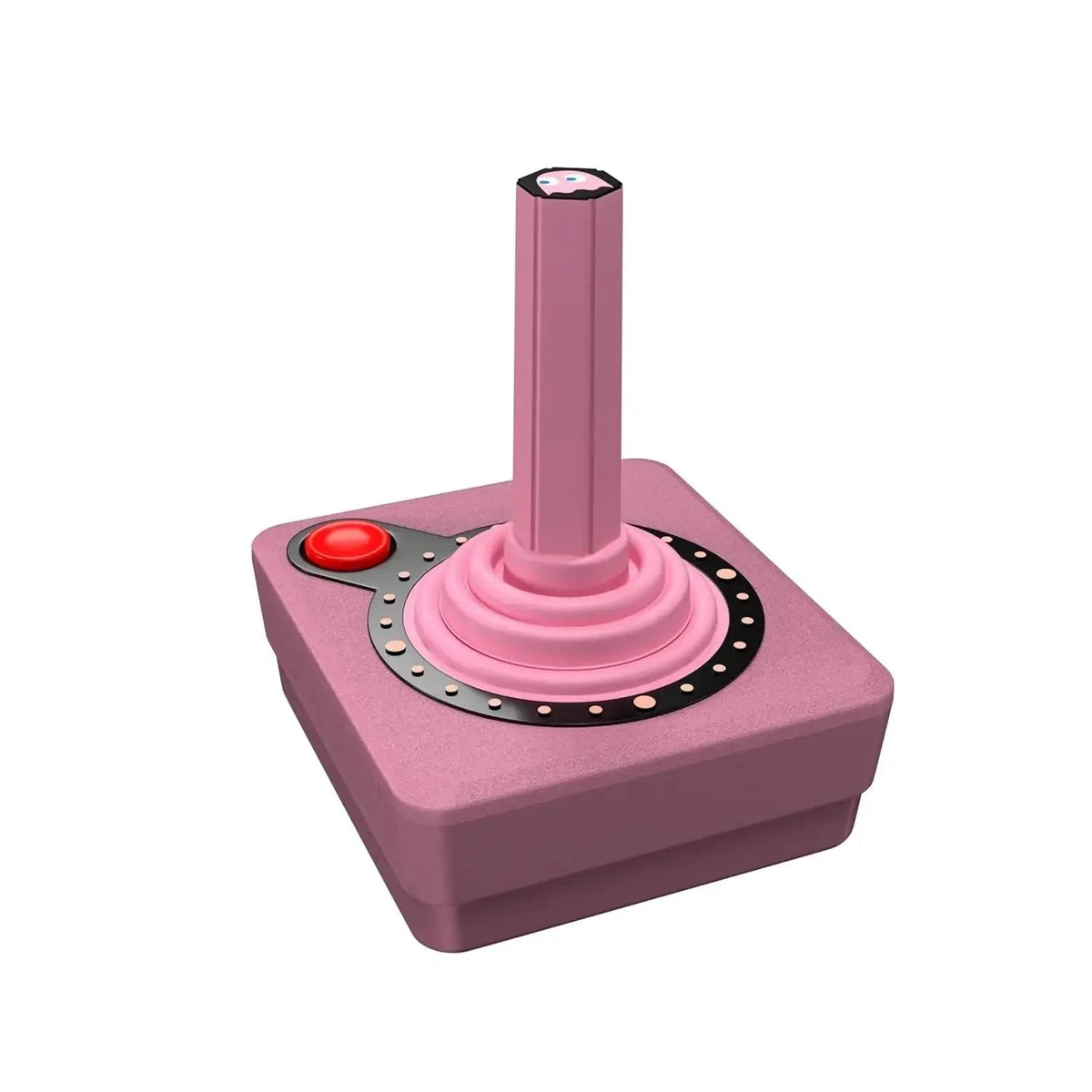Różowy joystick z czerwonym przyciskiem, akcesorium do desk setupu i gier