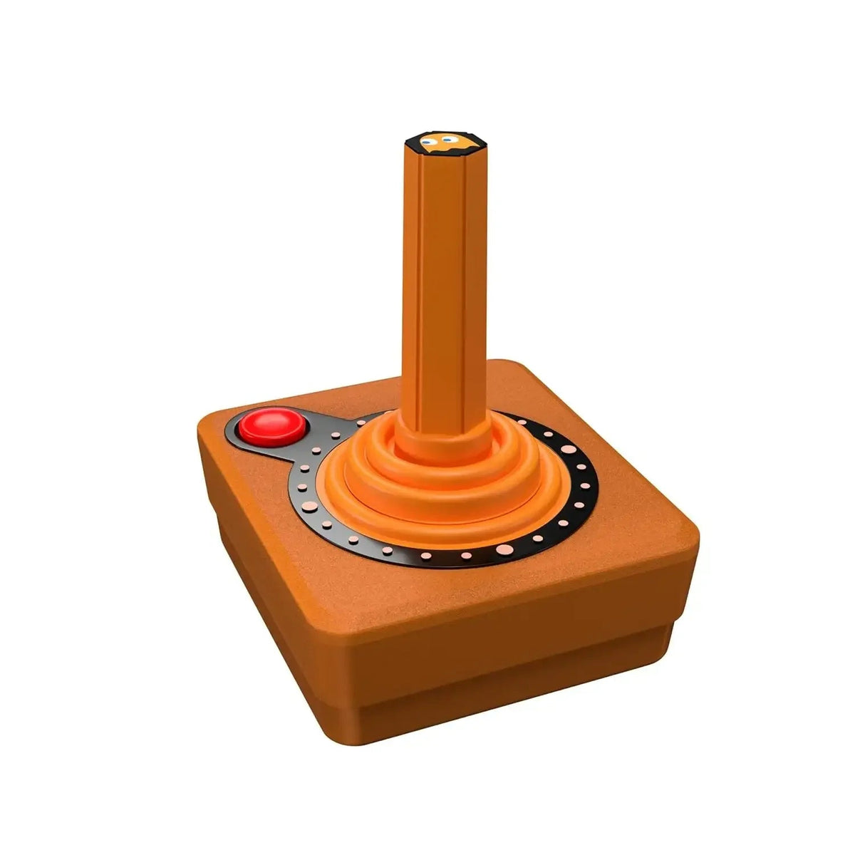 Pomarańczowy joystick z czerwonym przyciskiem, akcesorium do desk setupu i home office